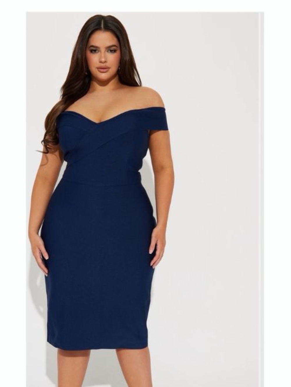 Fashion Nova Off-Shoulder Navy Bodycon Midi Dress